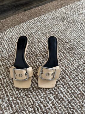BY FAR Beige Leather Buckle Mules